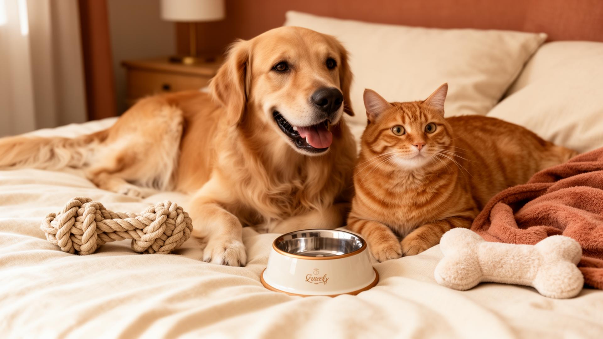 A golden retriever and orange tabby cat lounging with premium pet products